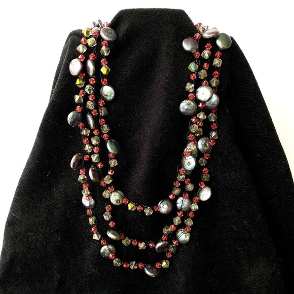 Handmade Wire Crochet Coin Pearls Swarovski Crystals Necklace Sterling 16in - Picture 5 of 5